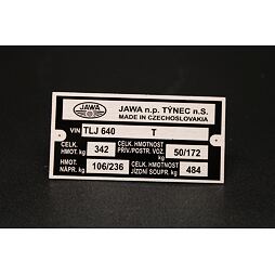 Výrobní typový štítek Jawa 350 typ 640 , TLJ tištěný
