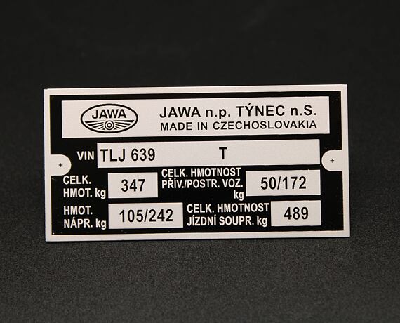 Výrobní typový štítek Jawa 350 typ 639 , TLJ tištěný