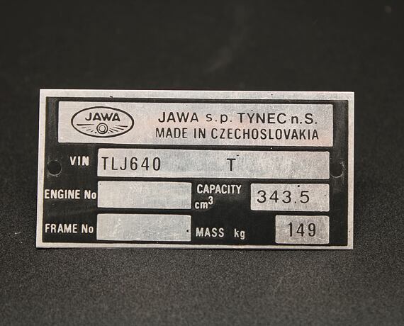 Výrobní typový štítek Jawa 350 typ 640 , TLJ tištěný , Anglický