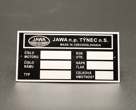 Výrobní typový štítek Jawa 634 , 638 , prázdný , tištěný