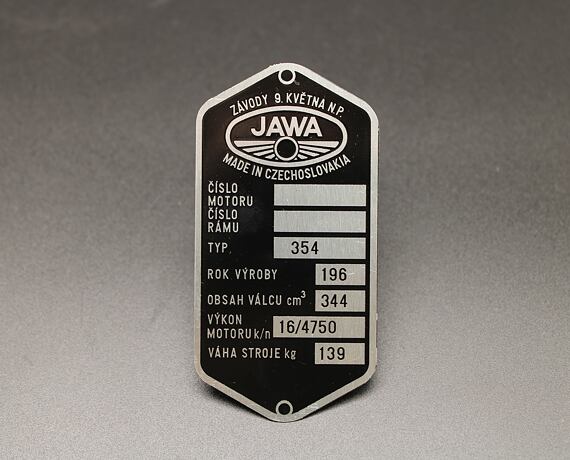 Výrobní štítek Jawa 350 typ 354 , 196x , předtištěný leptaný 16 koní