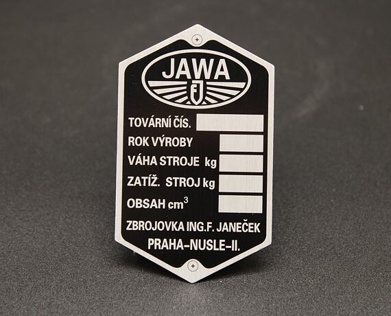Výrobní štítek Jawa 250 pérák FJ , prázdný , tištěný  5 řádků