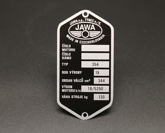 Výrobní štítek Jawa 350 typ 354 , 19xx , předtištěný , leptaný 18 koní