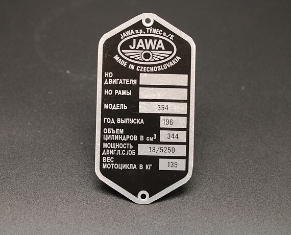 Výrobní štítek Jawa 350 typ 354 196x předtištěný, leptaný, 18 koní