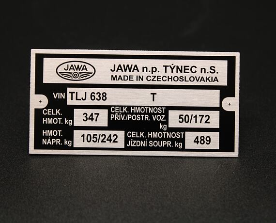 Výrobní typový štítek Jawa 350 typ 638 , TLJ tištěný